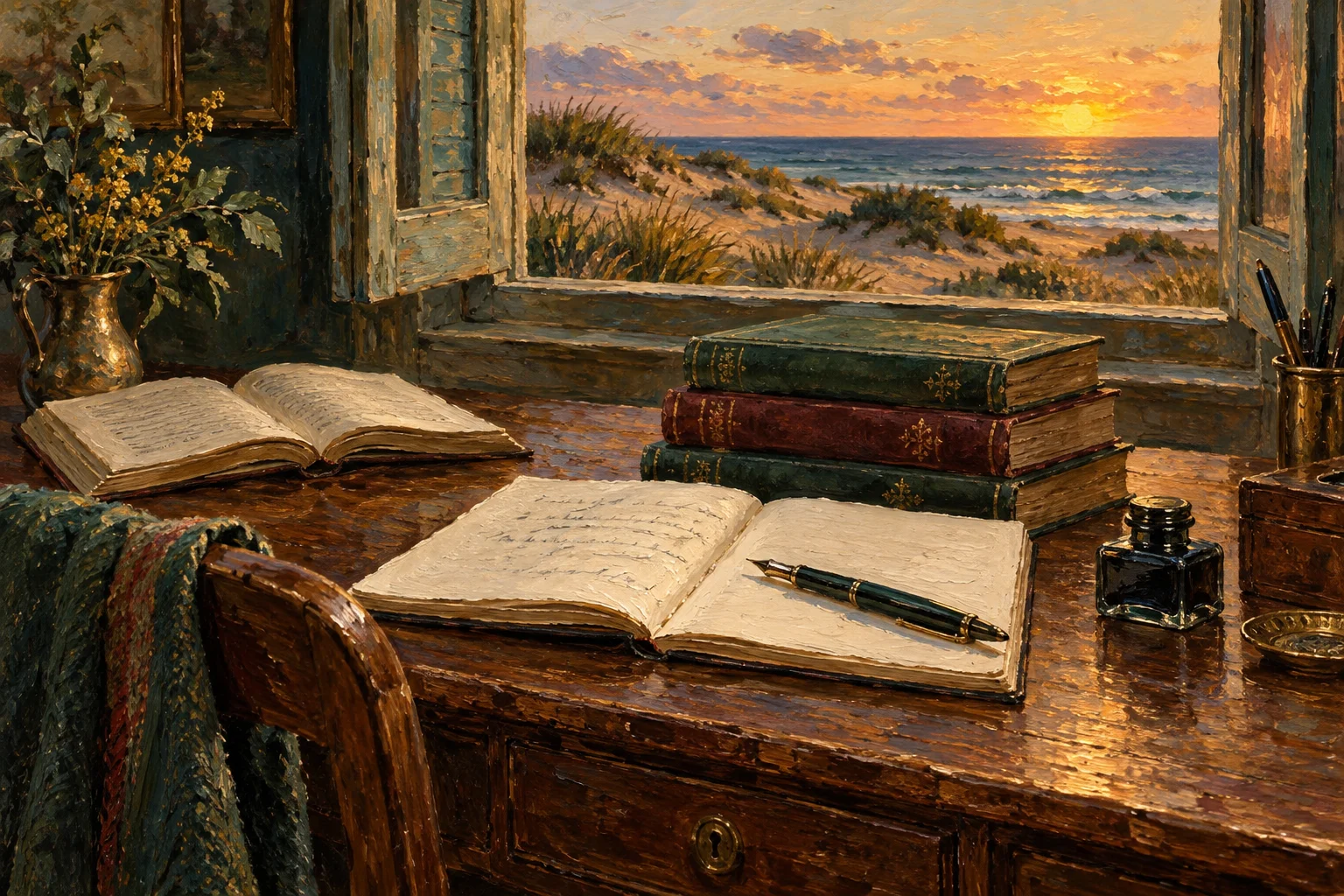 Libros, una pluma y un cuaderno abierto frente al mar, pintados al óleo.