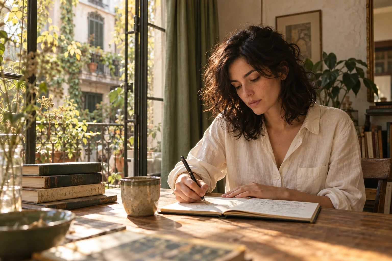 Una mujer escribe en su cuaderno junto a una ventana.