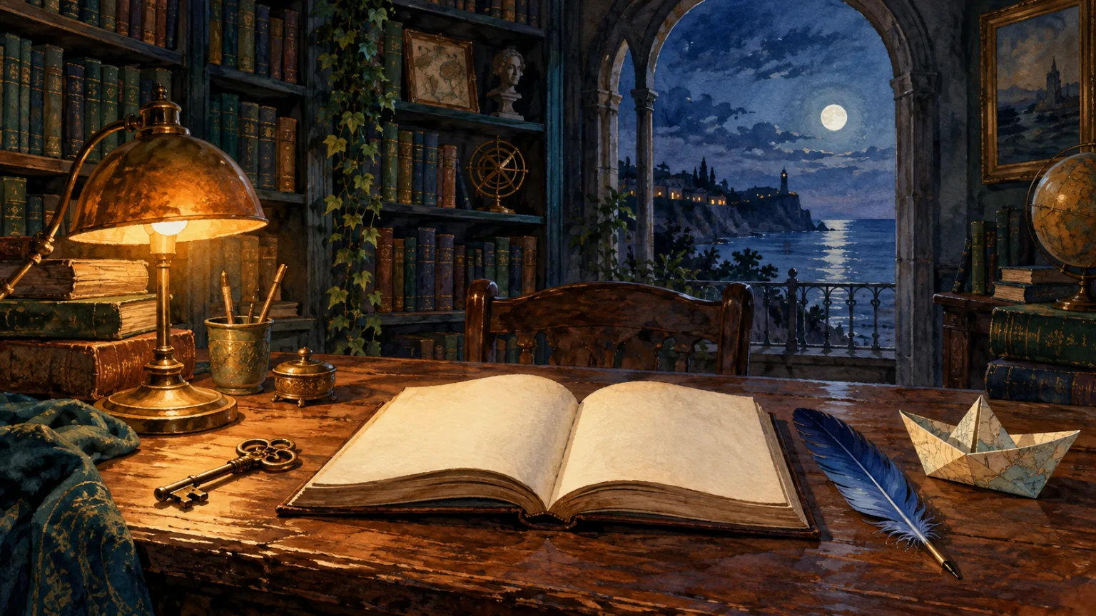 Una biblioteca iluminada con una llave, una pluma y un barco de papel.