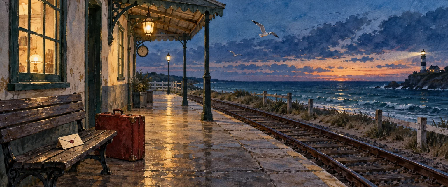 Una valija roja y una carta esperan en una estación junto al mar.
