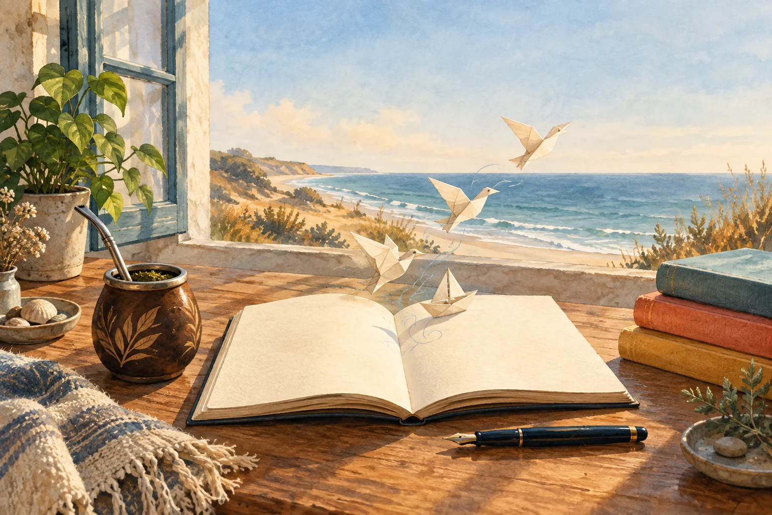 Un cuaderno abierto junto al mar para empezar una historia.