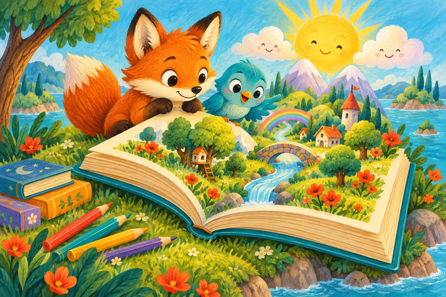 Un zorro y un pajarito descubren un mundo de colores dentro de un libro.